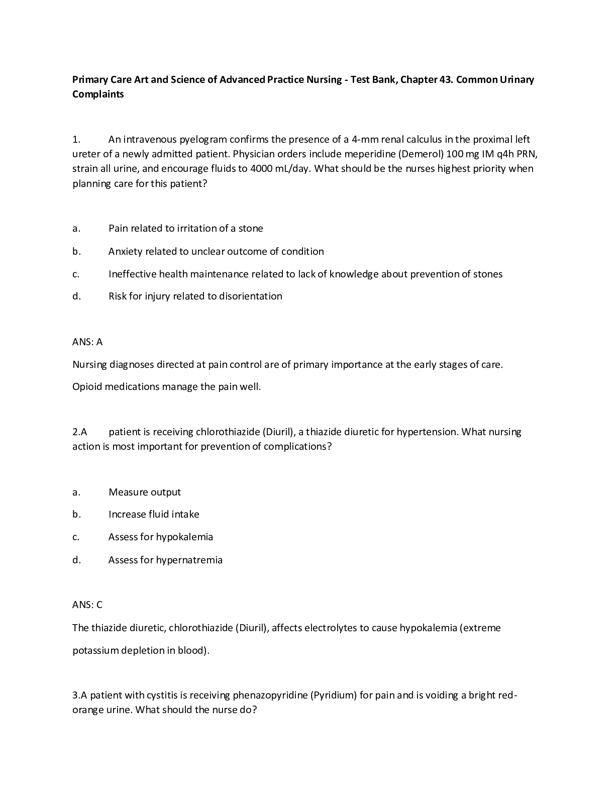 Preview image for Primary Care Art and Science of Advanced Practice Nursing - Test Bank, Chapter 43. Common Urinary Complaints